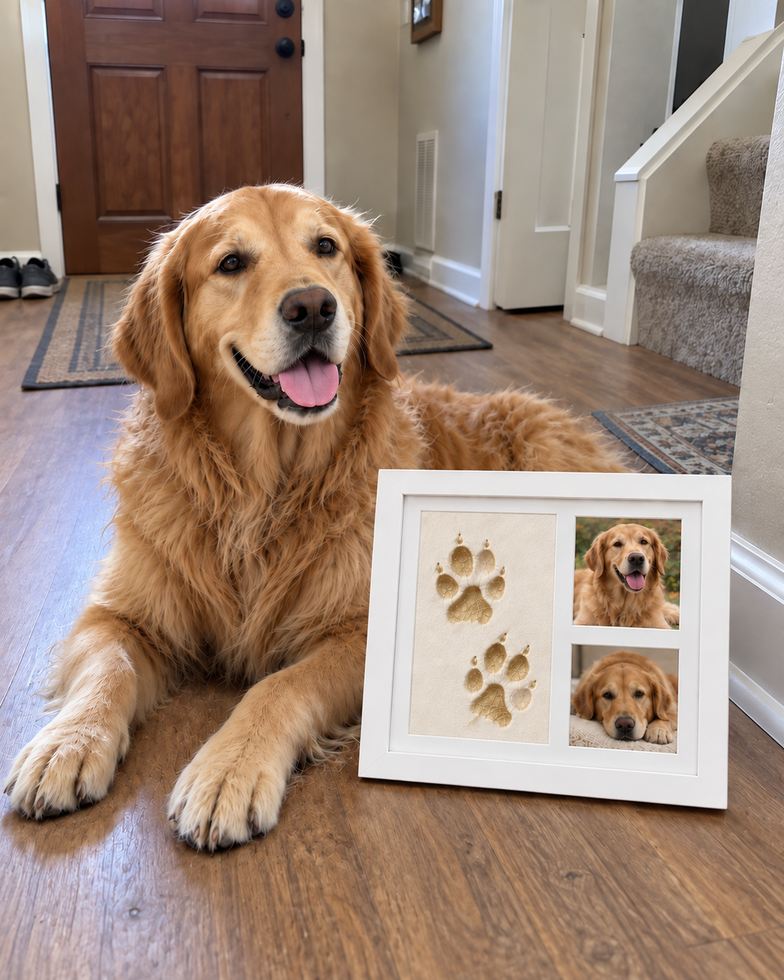 Golden retriever beside a paw print frame in a hallway