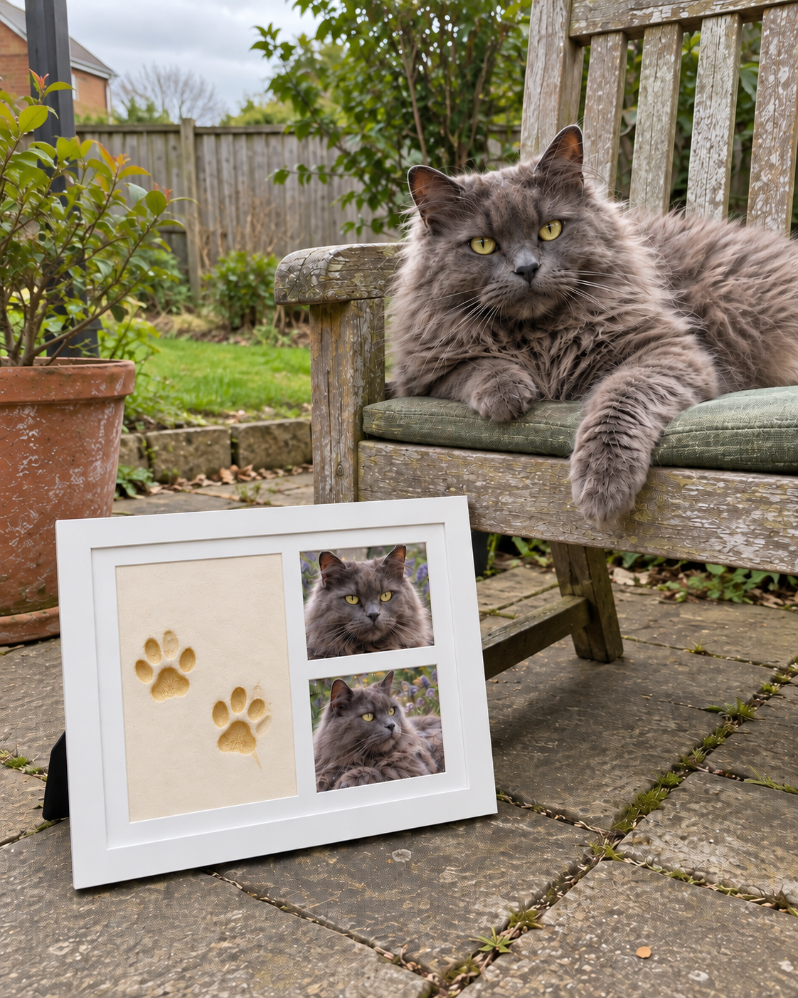Gray cat on a garden chair beside a paw print frame
