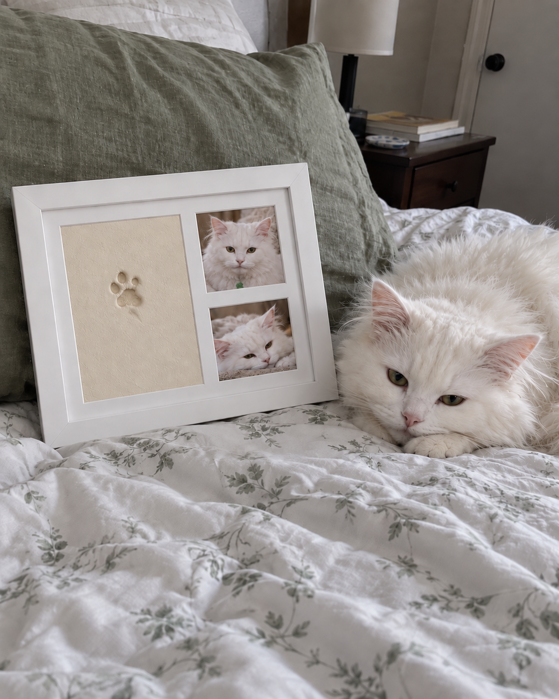 White cat relaxing beside a paw print frame on a bed
