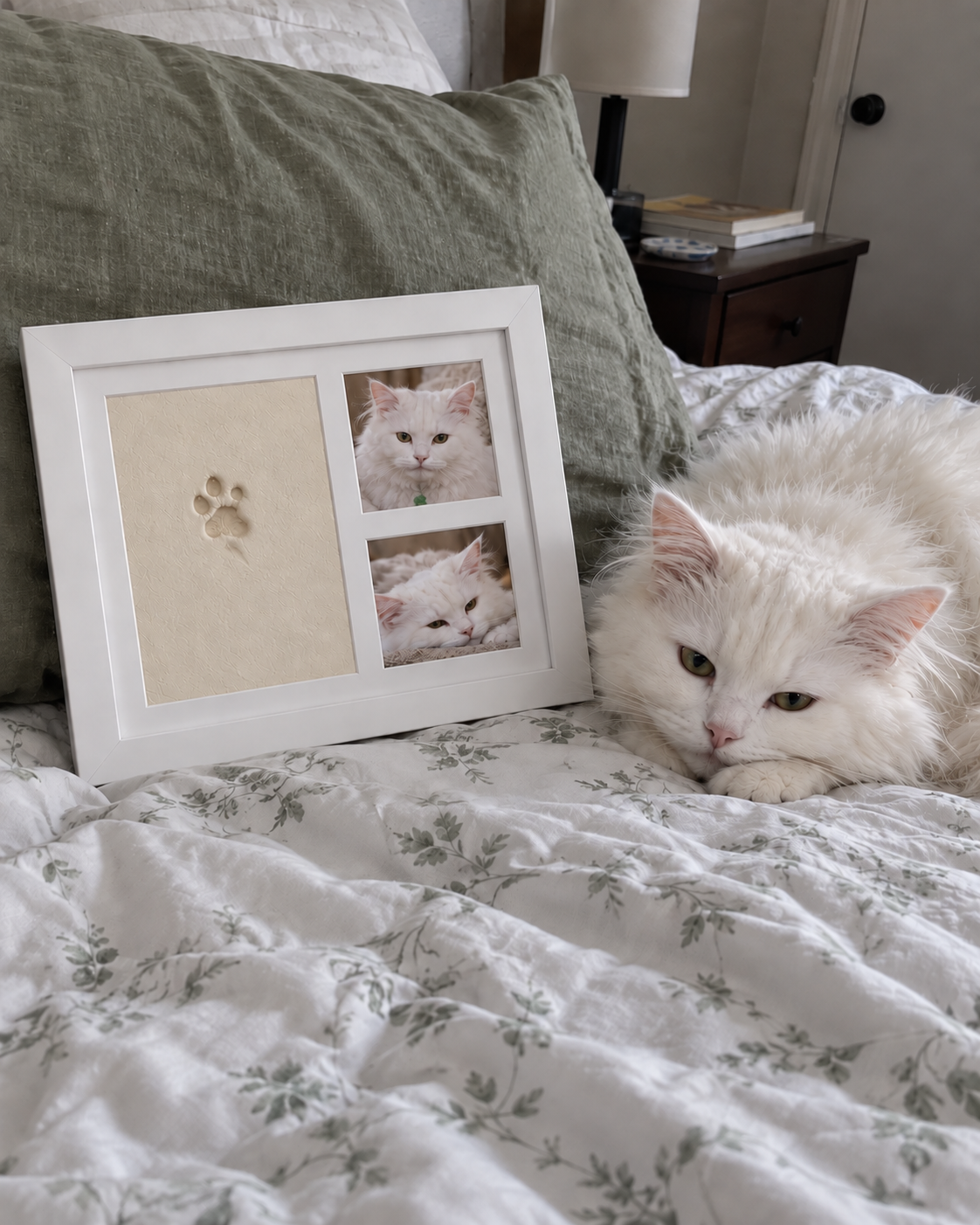 White cat relaxing beside a paw print frame on a bed