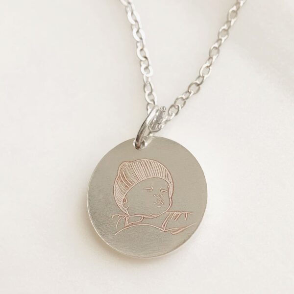 Silver Hand Drawn Baby Portrait Birth Medallion